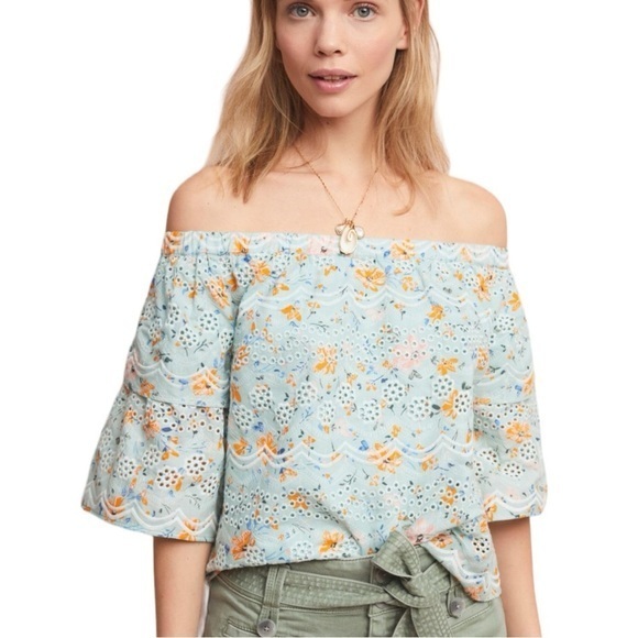 NWT Anthropologie LAIA Ashtabula Off-The-Shoulder Blouse size XS in Sky - Picture 1 of 9